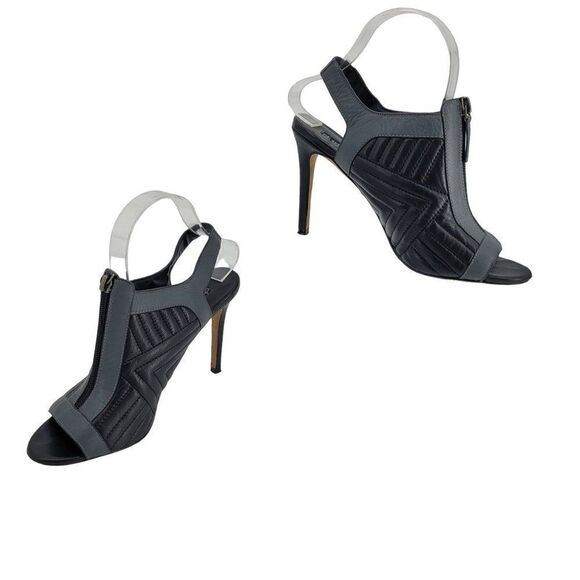 Charles David Leather Stiletto Heels 8 Black Peep Toe Sling Back Quilted Moto - Picture 1 of 12
